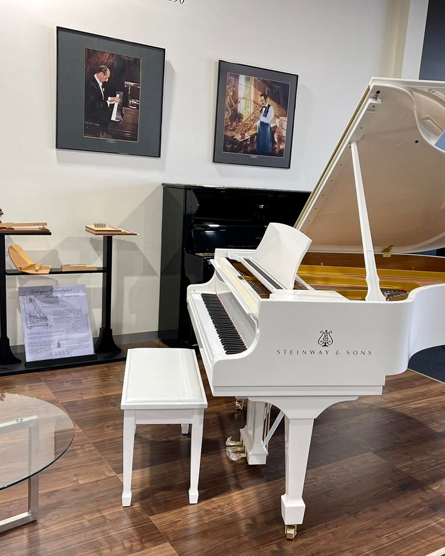 White Steinway Spirio player piano at Steinway Galleries Australia