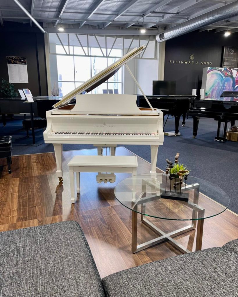 White Steinway Spirio player piano at Steinway Galleries Australia