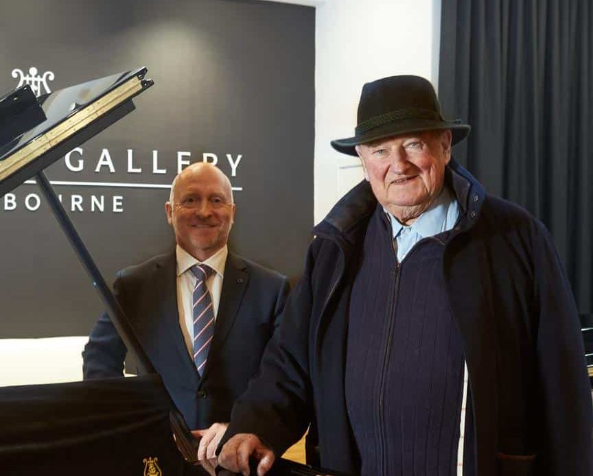 Steinway Australia head Mark O'Connor and billionaire Lindsay Fox at the opening of a new shop/showroom in Armadale, NSW. Picture: Valeriu Campan