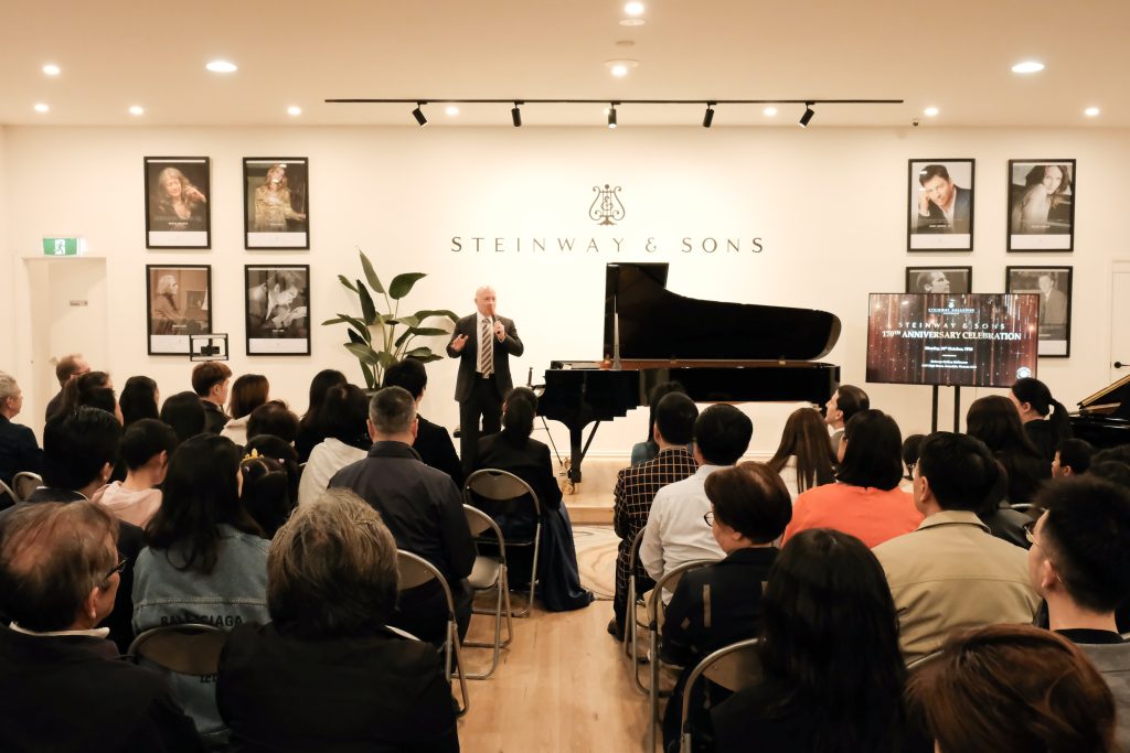 CEO Mark O'Connor welcoming the audience at Steinway Gallery Melbourne's Steinway & Sons 170th Anniversary Event.