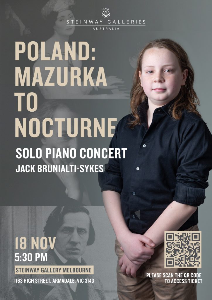 The poster of Jack Brunialti-Sykes' solo piano concert at Steinway Gallery Melbourne