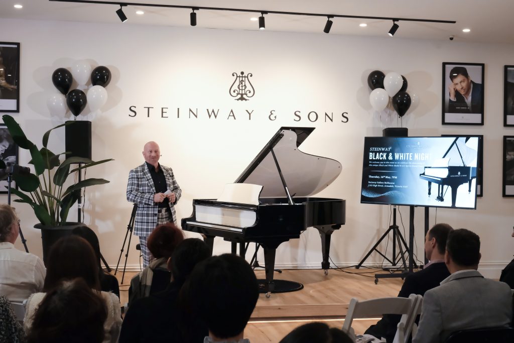 CEO Mark O'Connor welcoming the audience at Steinway Gallery Melbourne's Black and White Night.