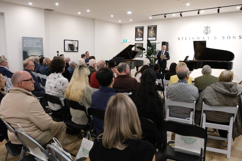 CEO Mark O'Connor welcoming the audience at Steinway Gallery Melbourne for the Australian National Piano Award Finalists Announcement Event.