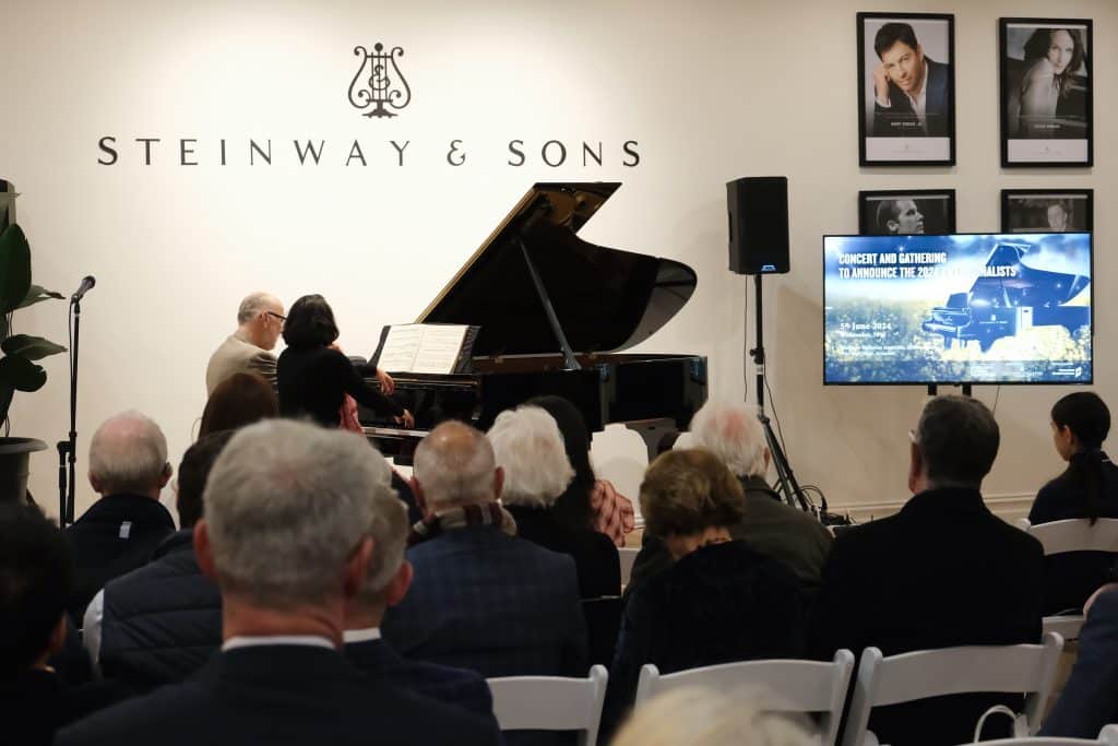 Australian National Piano Award Finalists Announcement Event at Steinway Gallery Melbourne. Ian Munro and Aura Go as pianists.