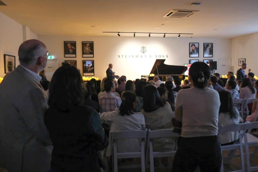 CEO Mark O'Connor introducing the Steinway Spirio|r piano at Steinway Gallery Melbourne. 